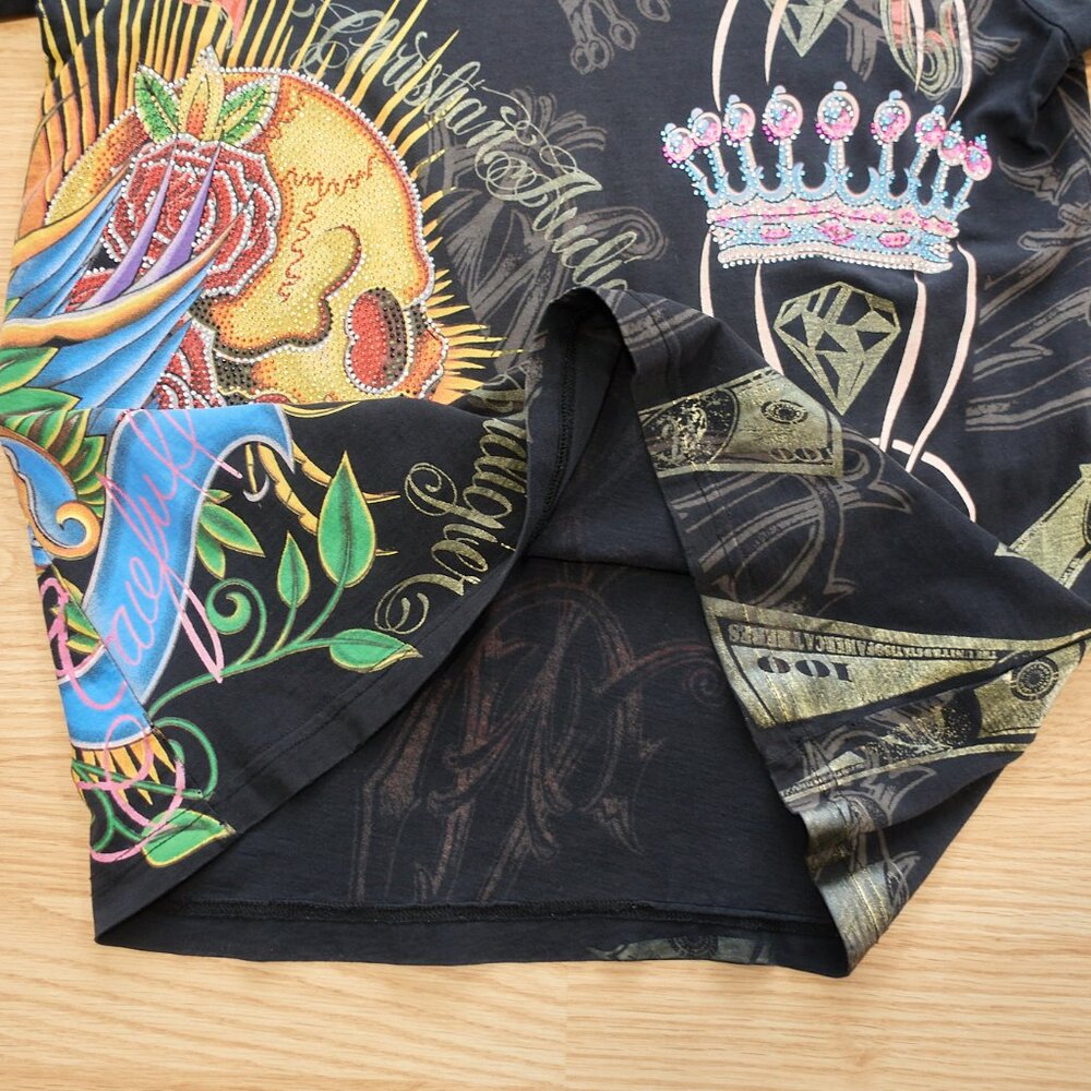 Christian Audigier T-Shirt / Skull Crown Money / Size M / Black / Made in - Picture 7 of 16